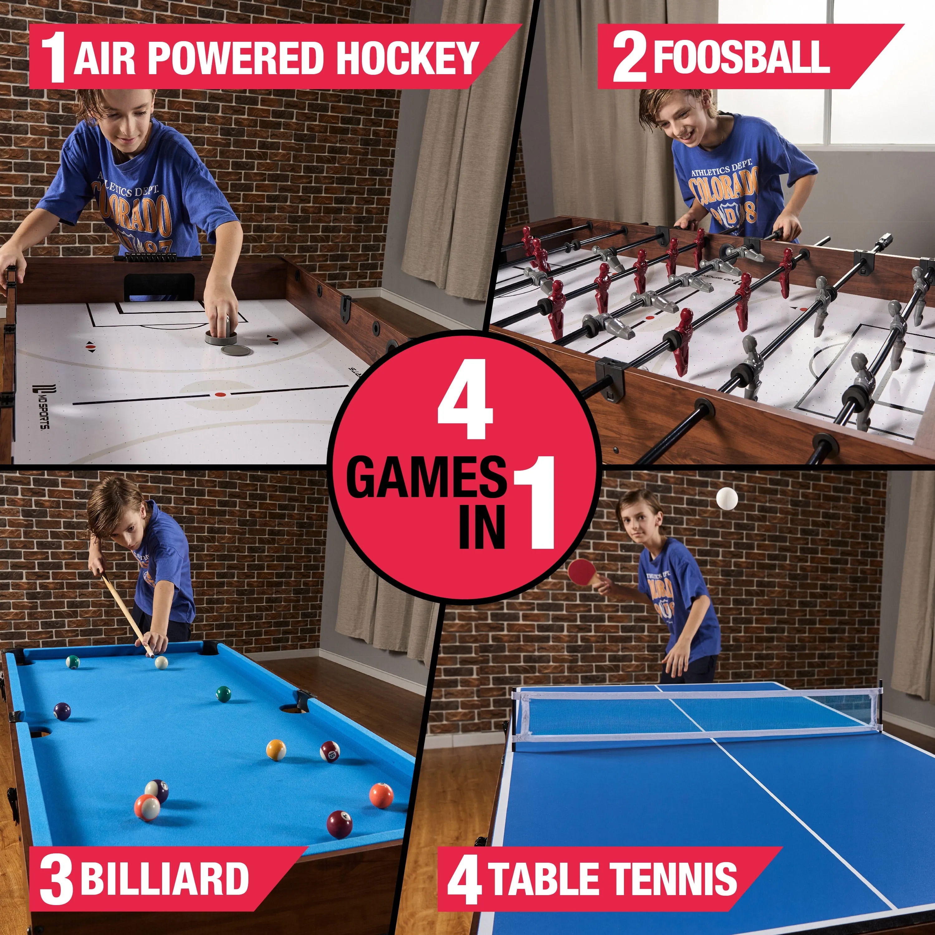 54" 4-in-1 Multi Game, Pool Table, Table Tennis Pong Table, Air Hockey, Foosball, by MD Sports