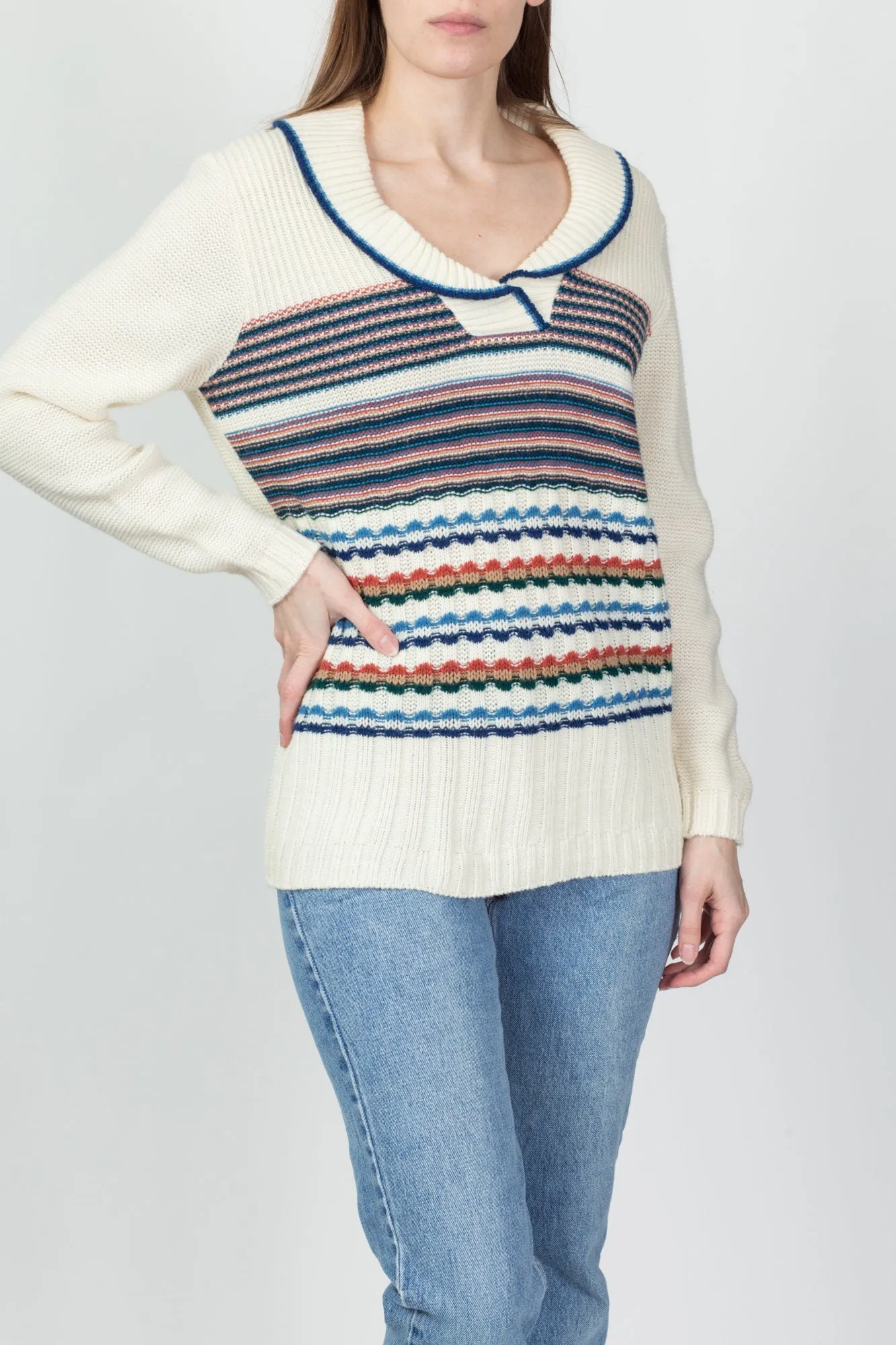 70s Striped Shawl Collar Sweater - Men's Medium, Women's Large