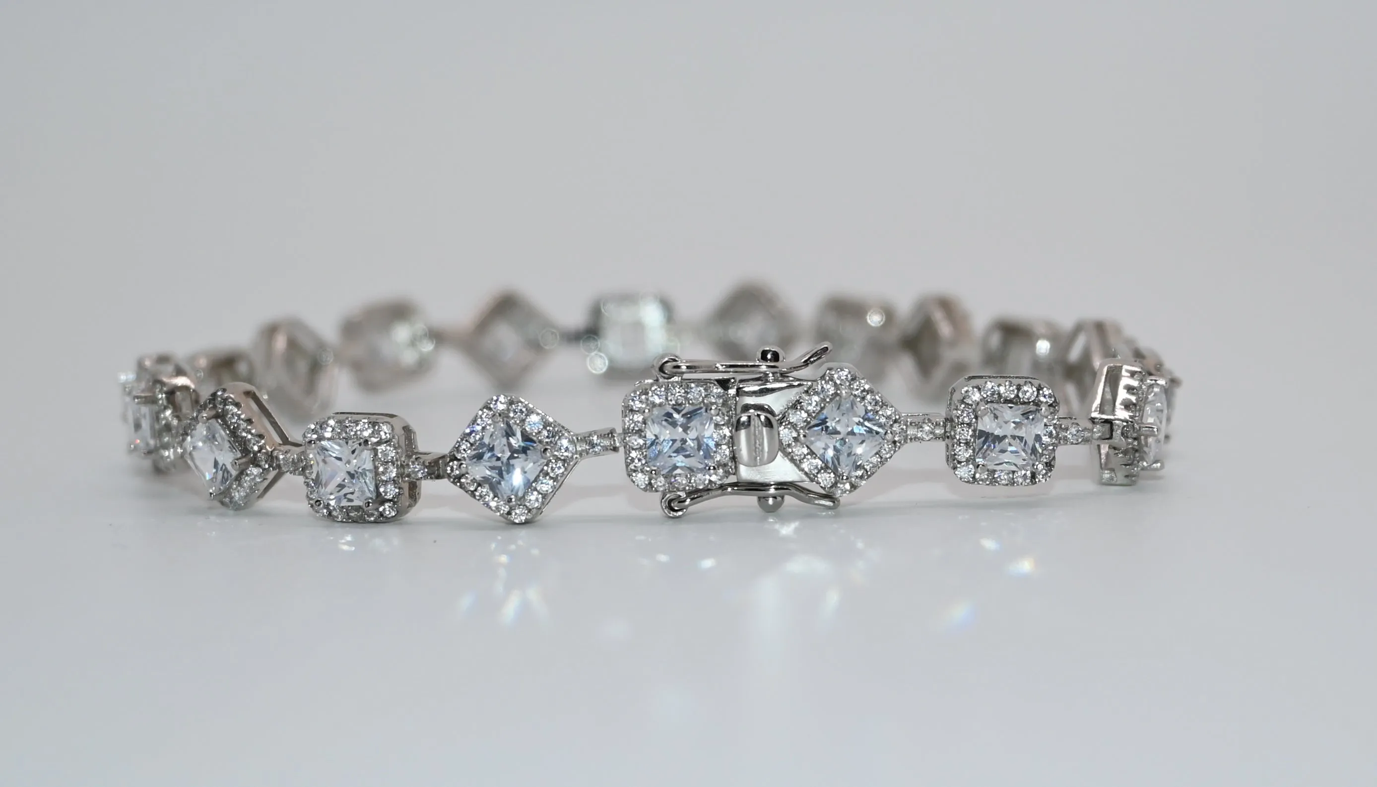 925 Rhodium Cz Square Tennis Bracelet