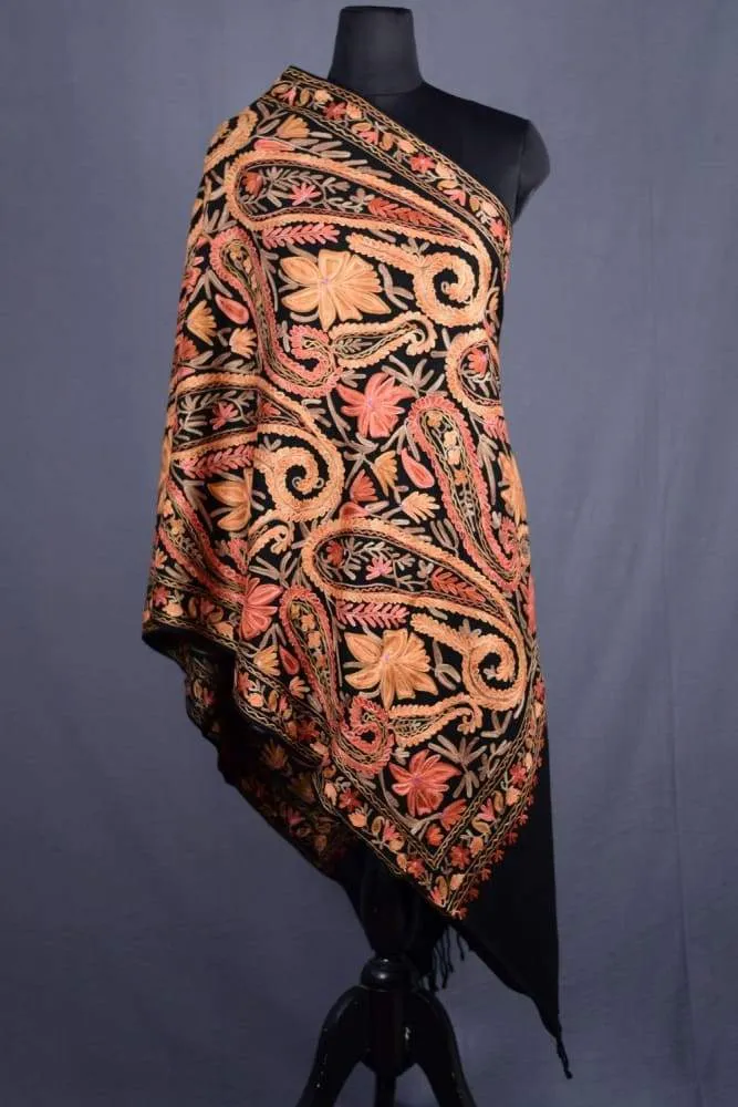 Black Color Kashmiri Work Embroidered Stole Enriched With Floral Paisley Pattern