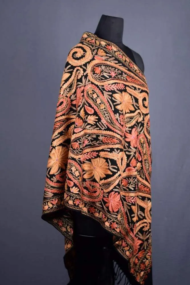 Black Color Kashmiri Work Embroidered Stole Enriched With Floral Paisley Pattern