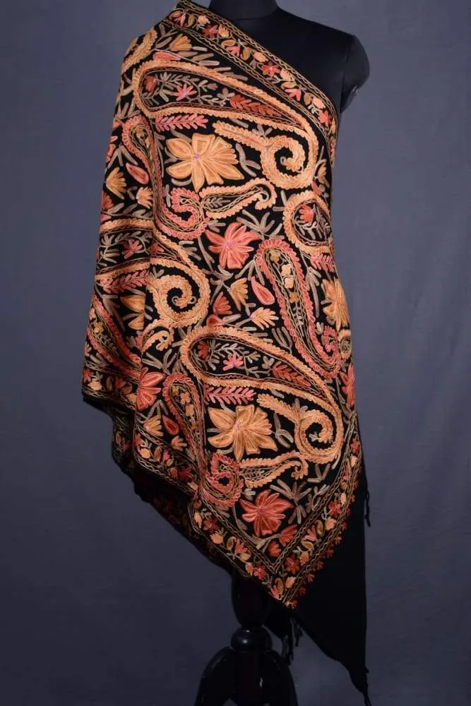 Black Color Kashmiri Work Embroidered Stole Enriched With Floral Paisley Pattern