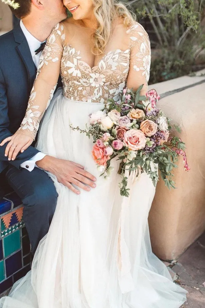 Charming Newest Beading Gorgeous Wedding Dress, Long Sleeves Unique Tulle Bridal Dress KPW0535