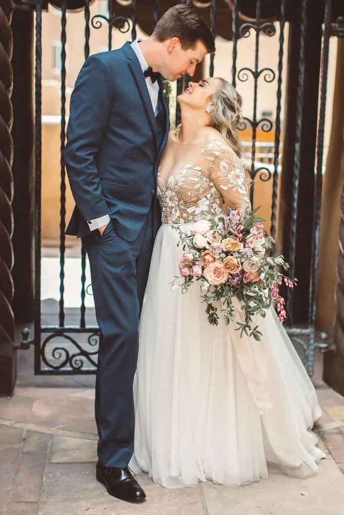 Charming Newest Beading Gorgeous Wedding Dress, Long Sleeves Unique Tulle Bridal Dress KPW0535
