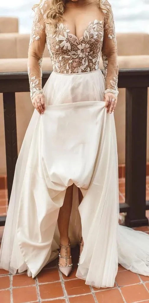 Charming Newest Beading Gorgeous Wedding Dress, Long Sleeves Unique Tulle Bridal Dress KPW0535