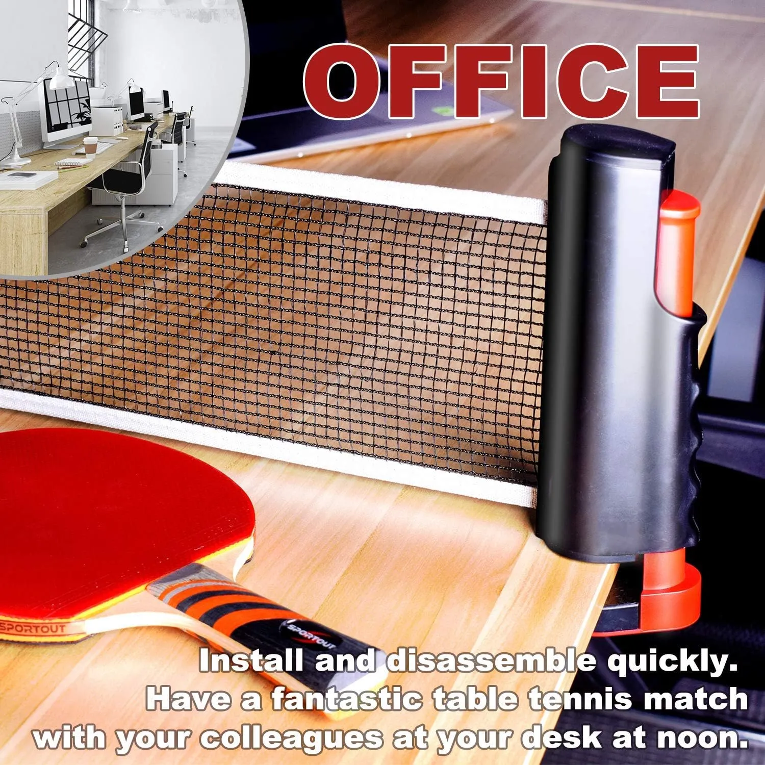Filet de ping-pong rtractable Sportout avec support - Parfait pour table de ping-pong, bureau, cuisine - Fitnessterapy