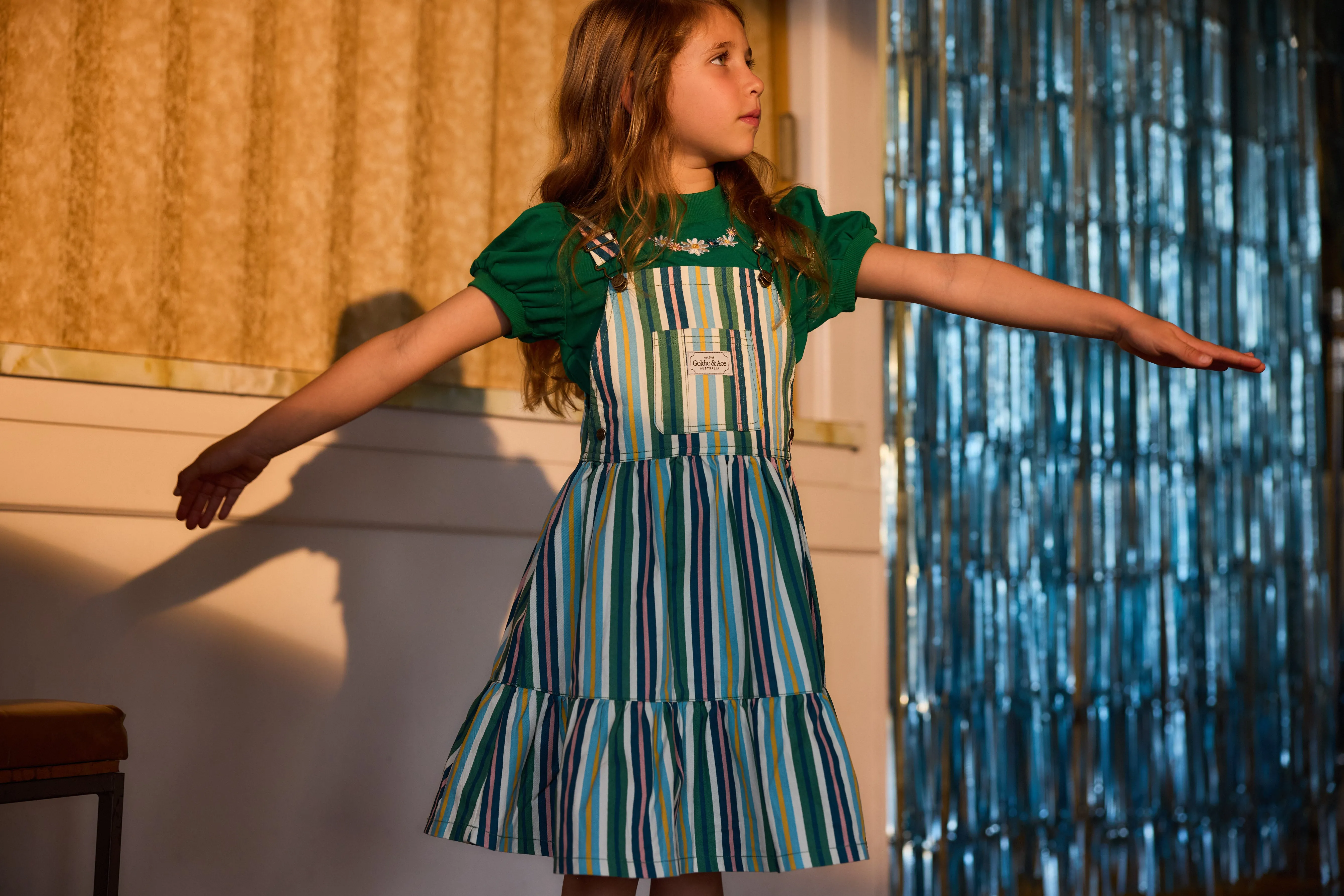 Goldie   Ace Tully Tiered Pinafore Dress Stripe Evergreen Stripe