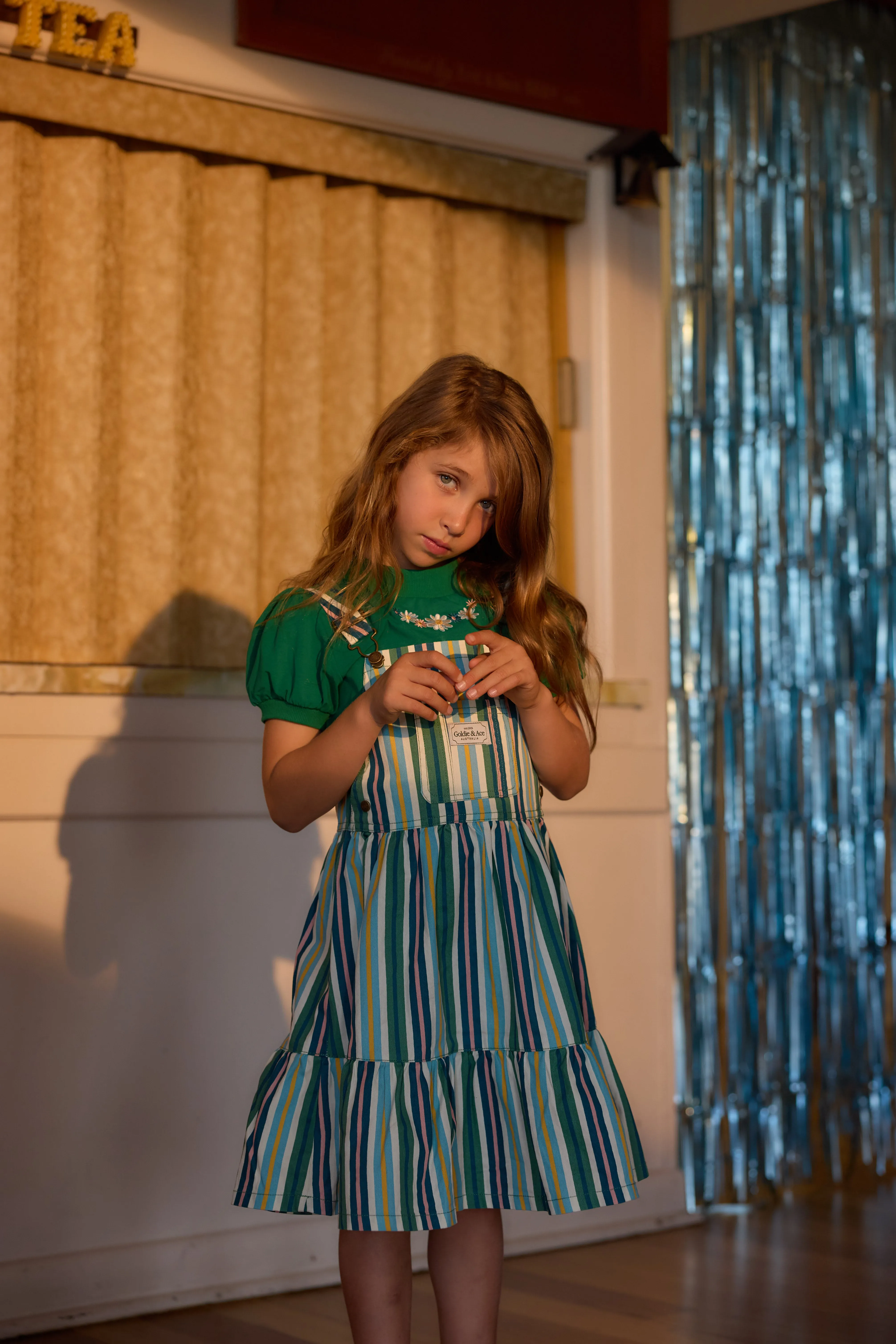 Goldie   Ace Tully Tiered Pinafore Dress Stripe Evergreen Stripe