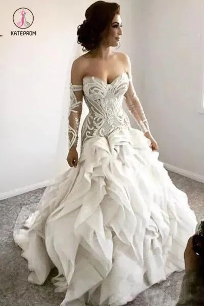 Gorgeous Sweetheart Wedding Dress with Detachable Sleeves, Unique Bridal Dress with Ruffles KPW0534