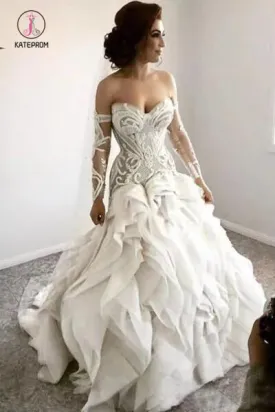 Gorgeous Sweetheart Wedding Dress with Detachable Sleeves, Unique Bridal Dress with Ruffles KPW0534