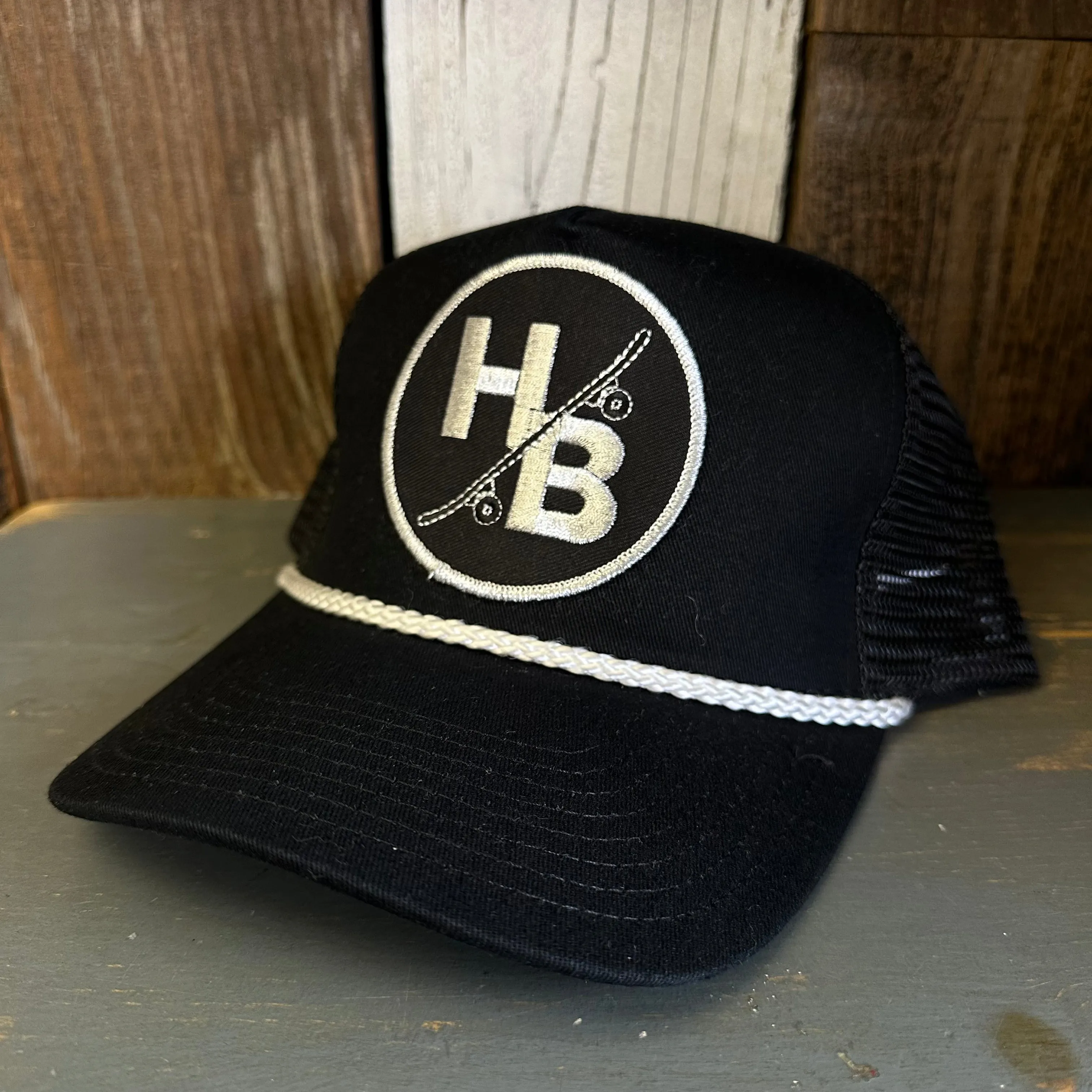 Hermosa Beach SKATEBOARDING WAS NEVER A CRIME 5 panel Cotton Twill Front, Mesh Back, Rope cap - Black/White Braid