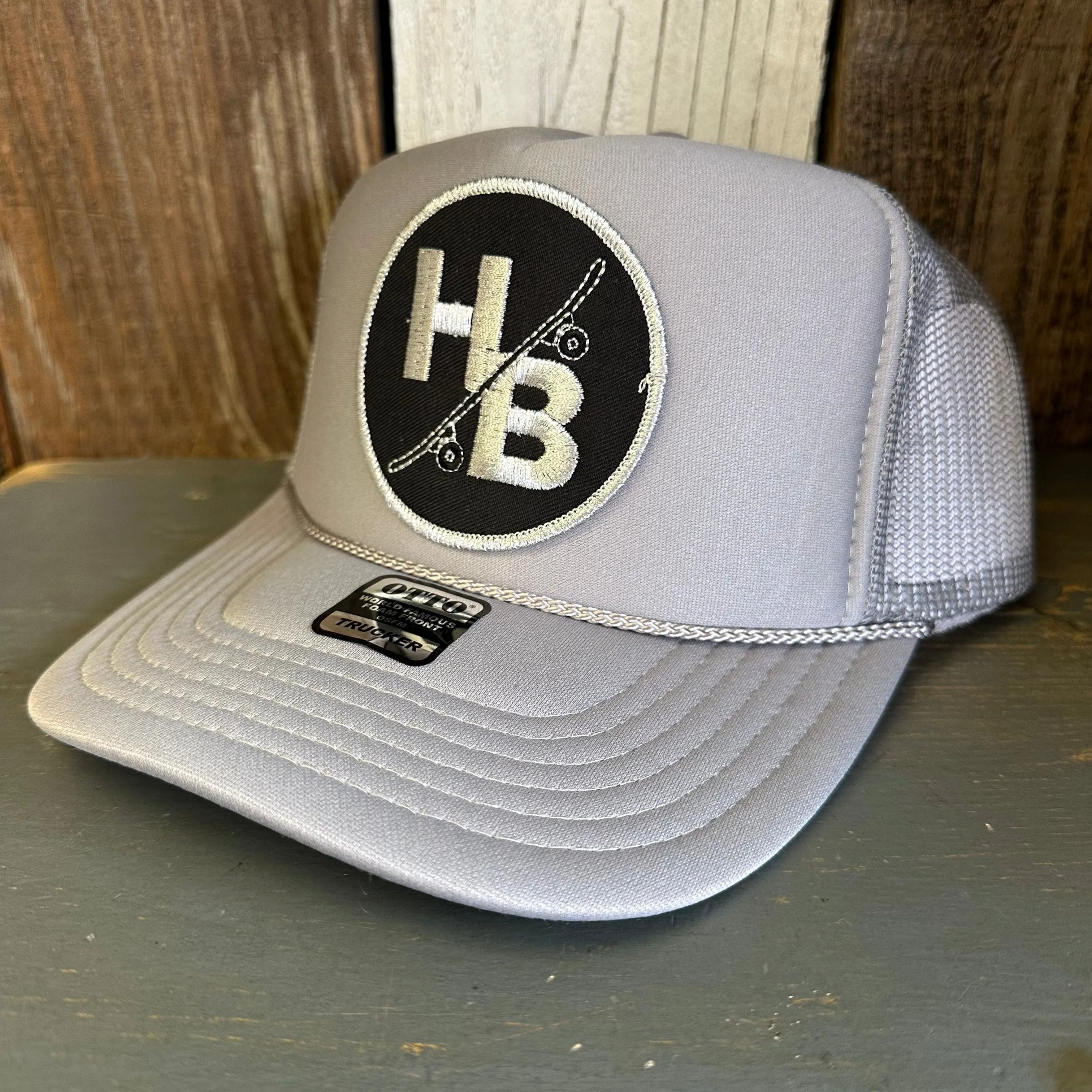 Hermosa Beach SKATEBOARDING WAS NEVER A CRIME High Crown Trucker Hat - Grey (Curved Brim)