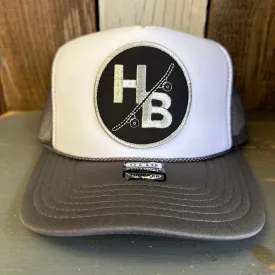 Hermosa Beach SKATEBOARDING WAS NEVER A CRIME Trucker Hat - Charcoal Grey/White/Charcoal Grey