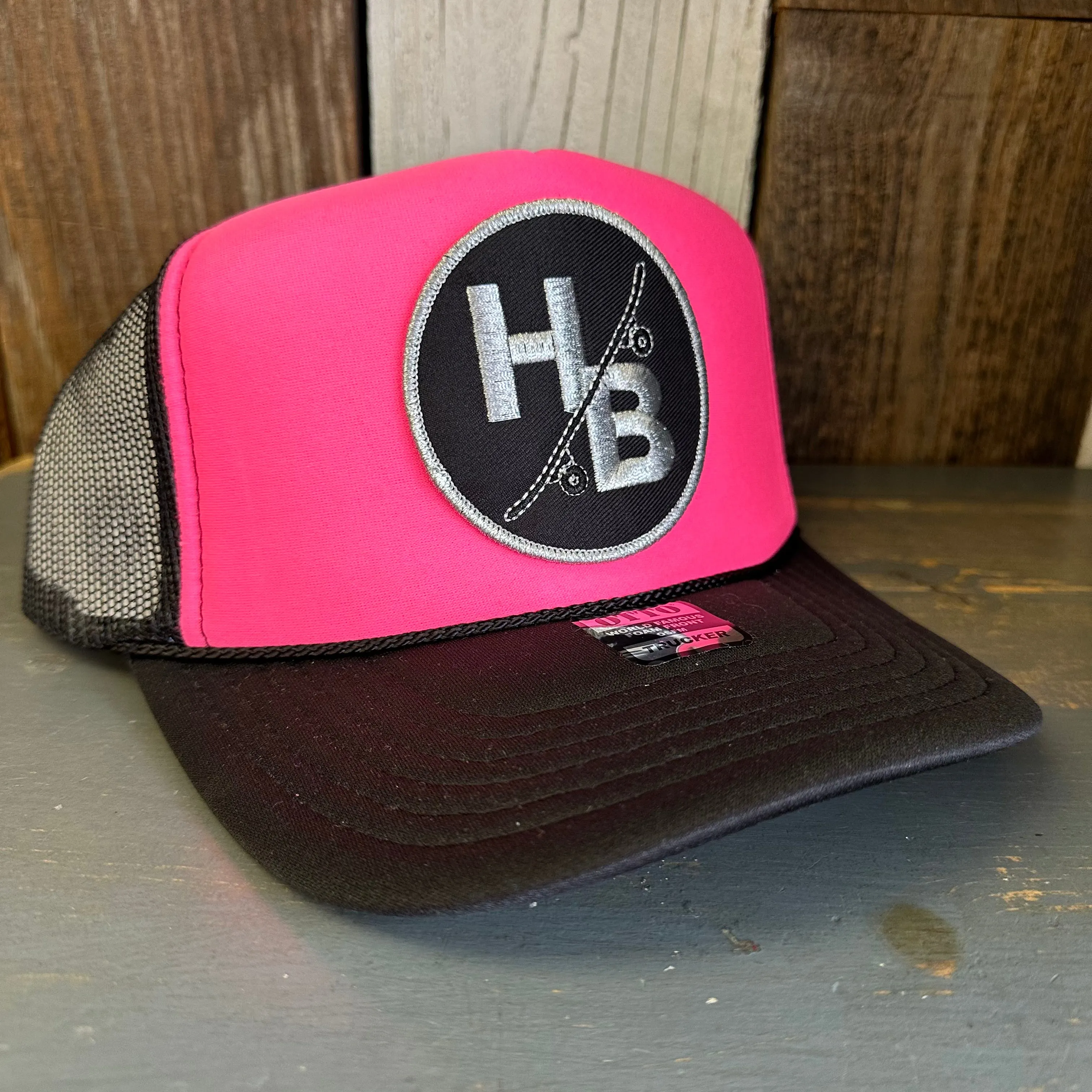 Hermosa Beach SKATEBOARDING WAS NEVER A CRIME Trucker Hat -Neon Pink/Black