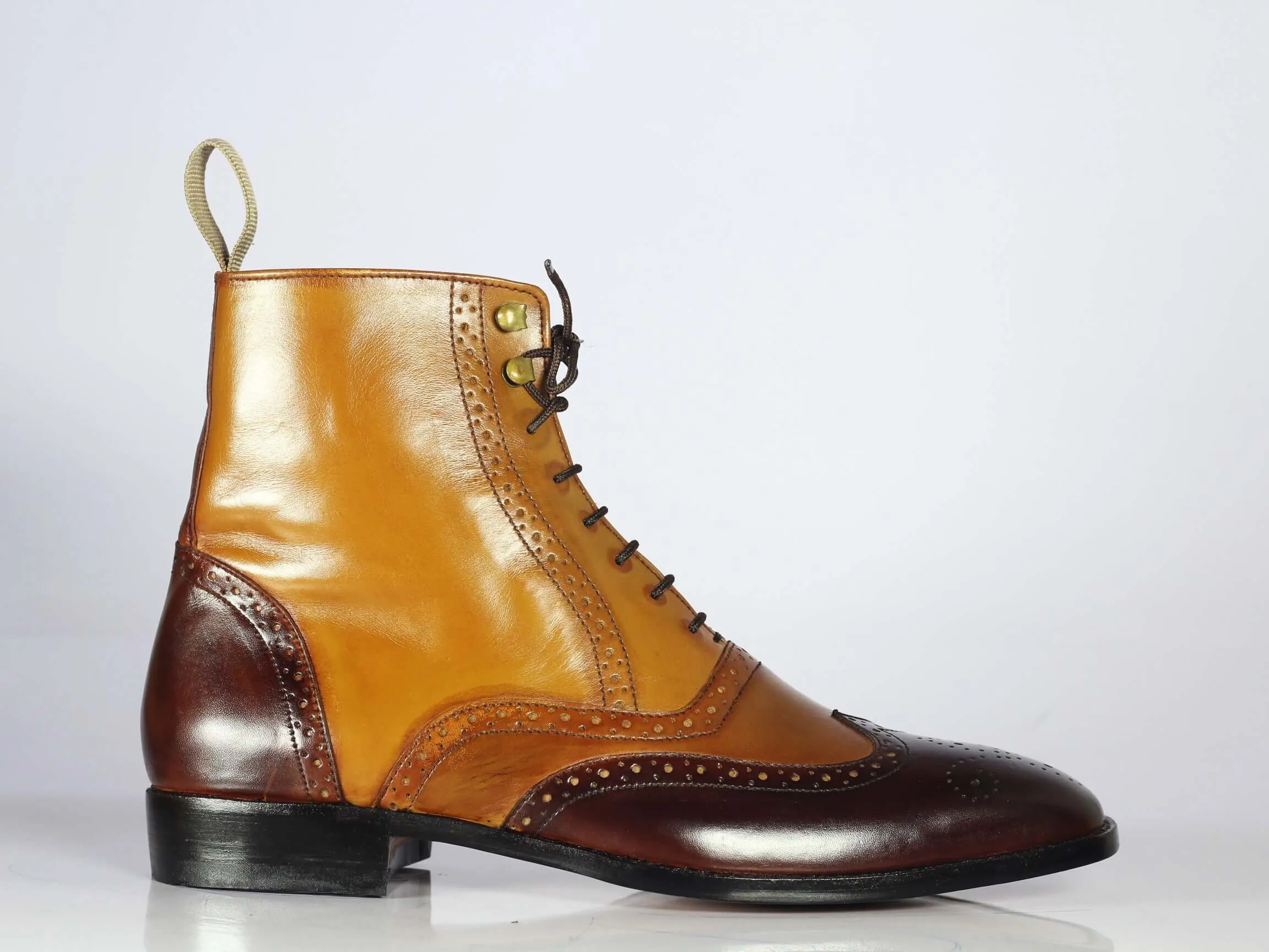 Men's Handmade 2 Tone Brown Leather Wing Tip Brogue Boots, Men Designer Boots