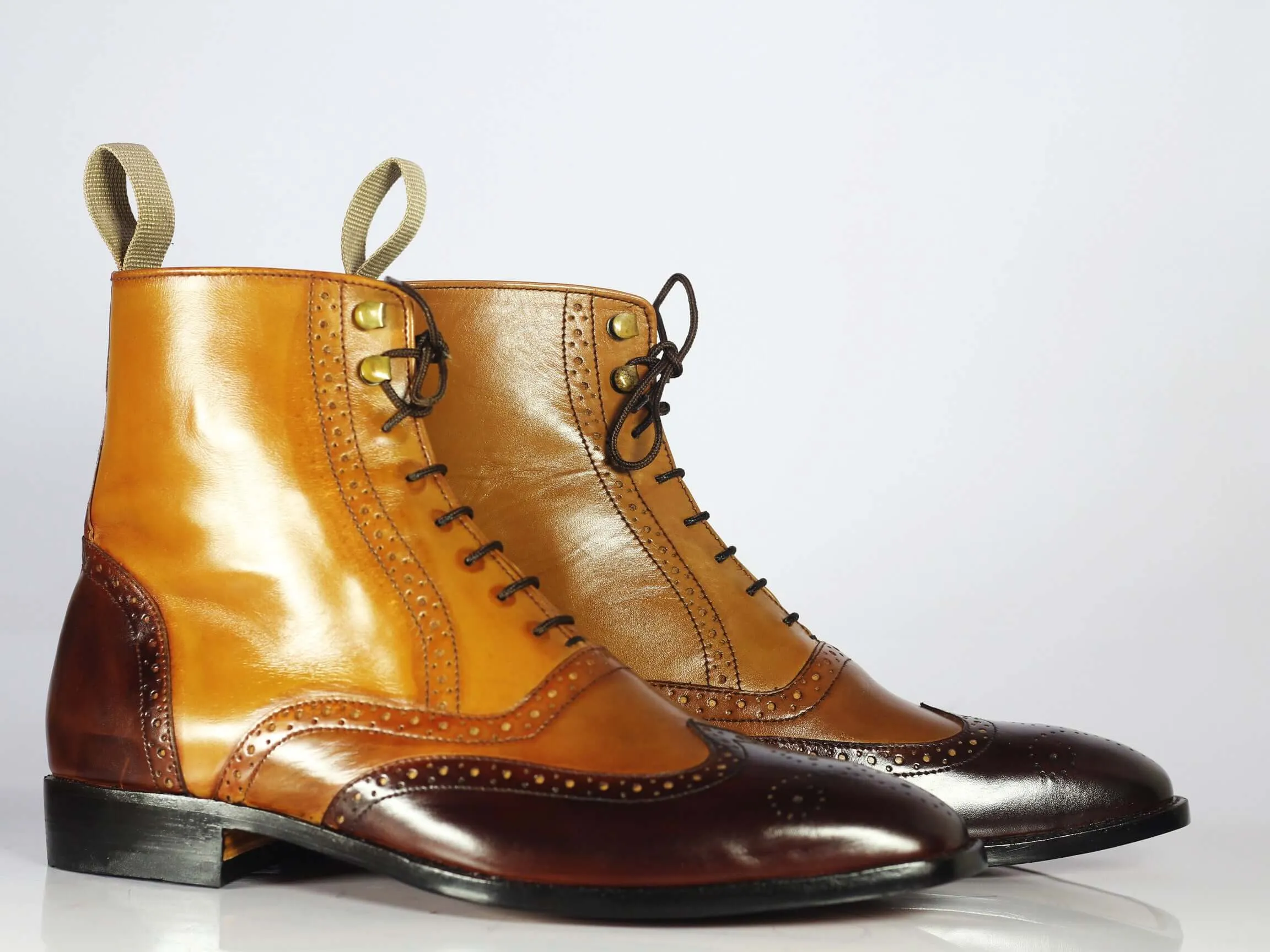 Men's Handmade 2 Tone Brown Leather Wing Tip Brogue Boots, Men Designer Boots