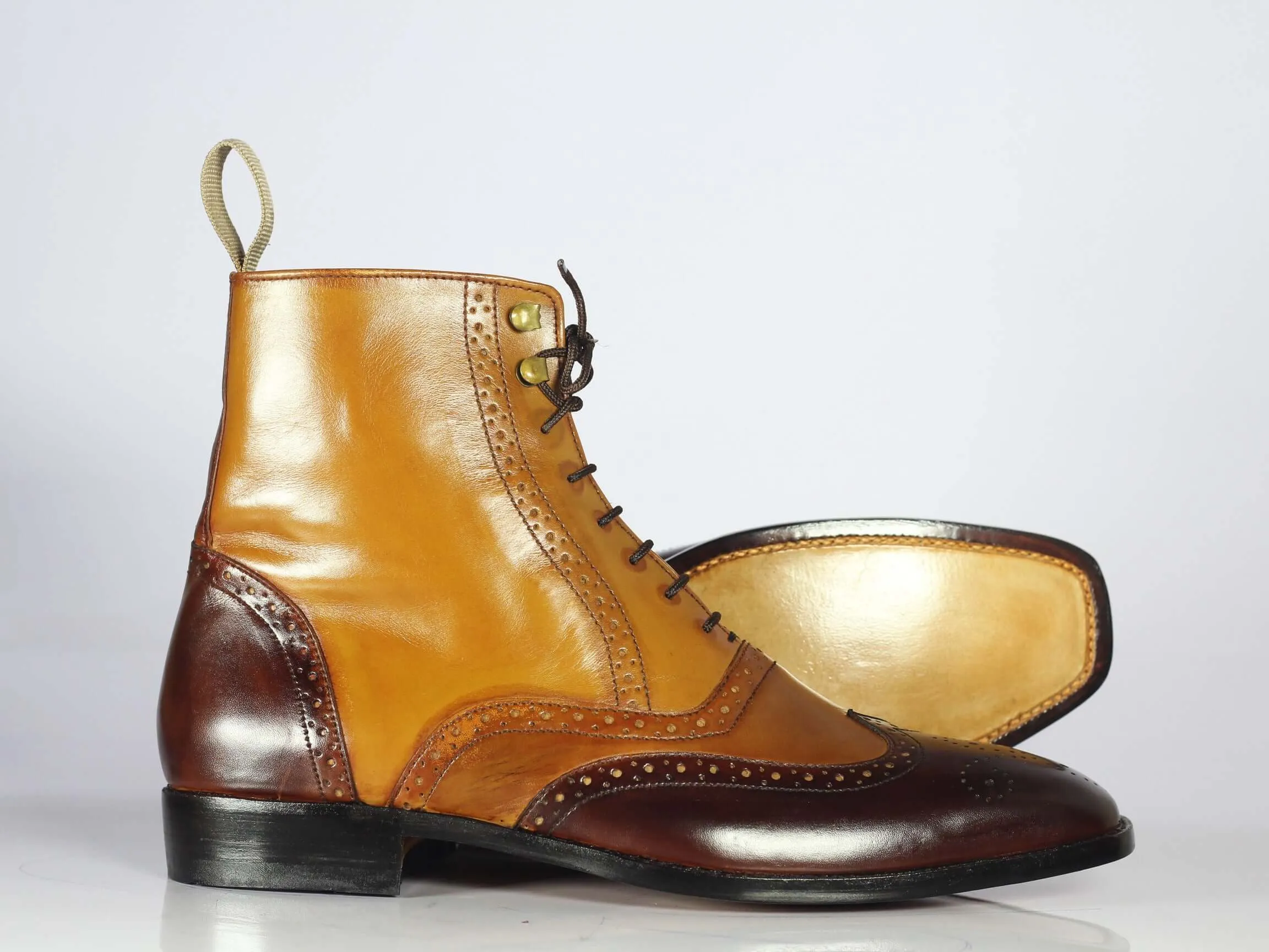 Men's Handmade 2 Tone Brown Leather Wing Tip Brogue Boots, Men Designer Boots